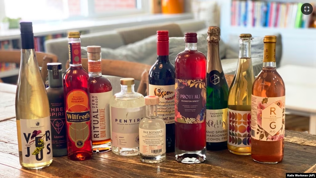 Non-alcoholic spirits are displayed in New York in August 2021. Interest in a sober lifestyle has been growing for years, leading to the rise of mocktails and alcohol-free bars. (Katie Workman via AP)