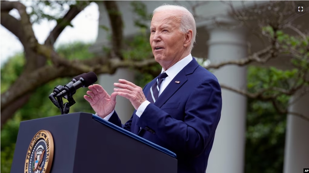 President Joe Biden speaks in the Rose Garden of the White House in Washington, Tuesday, May 14, 2024, announcing plans to impose major new tariffs on a range of Chinese imports. (AP Photo/Susan Walsh)