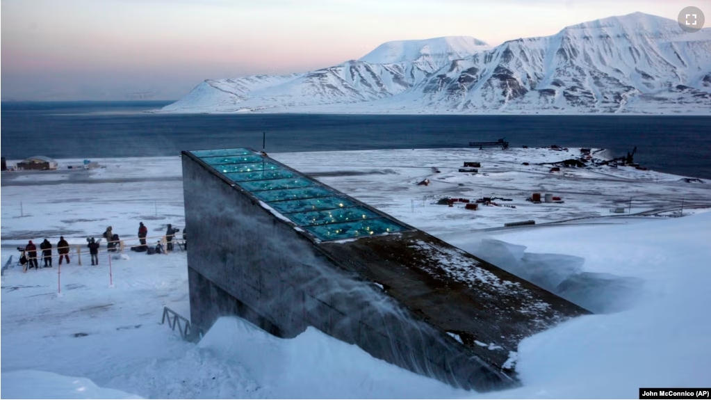 FILE - Snow blows off the Svalbard Global Seed Vault on Feb. 26, 2008. . (AP Photo/John McConnico)