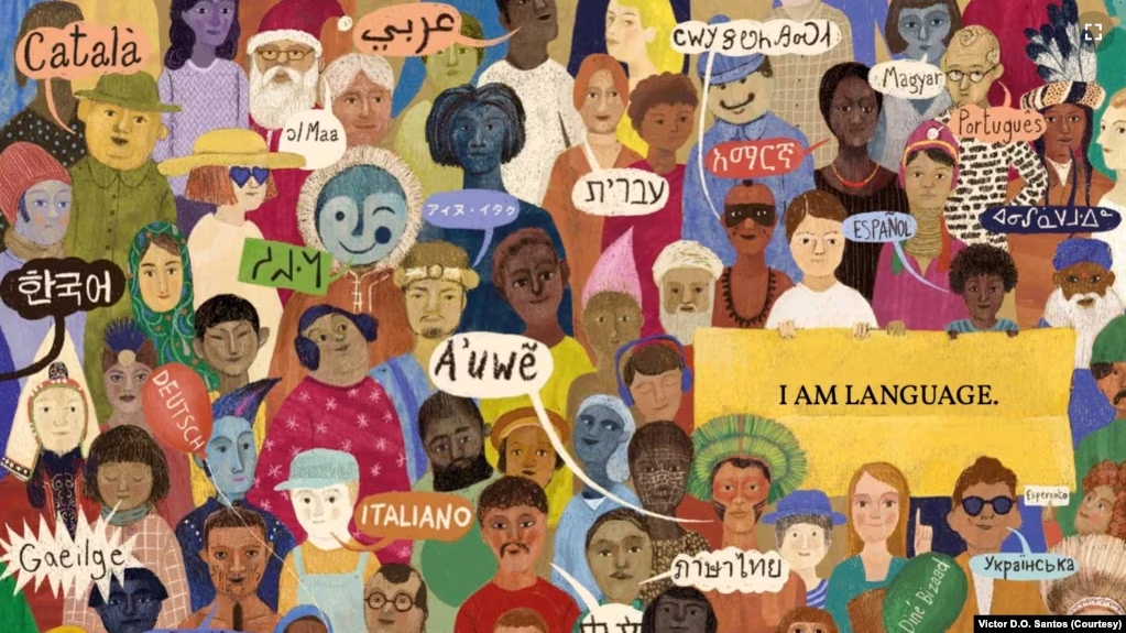 "What Makes Us Human" is written as a riddle, and is meant to show the value of language. Here characters are saying "Hello" in many different ways.