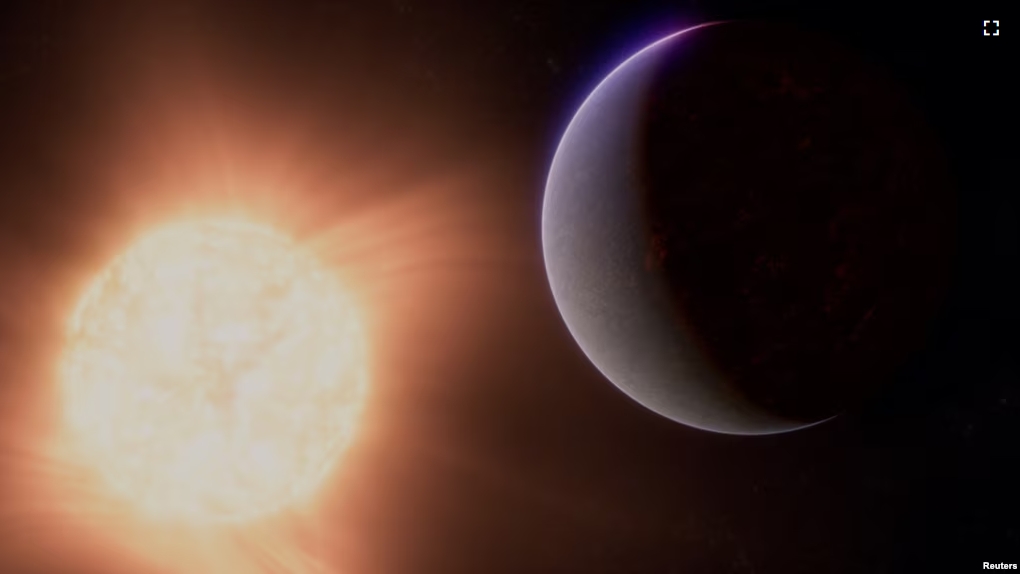 An artist's concept shows the exoplanet 55 Cancri e, also called Janssen, a rocky planet much larger than Earth but smaller than Neptune, along with the star it orbits in this undated illustration released by NASA. (NASA, ESA, CSA, Ralf Crawford (STScI)/Handout via REUTERS)