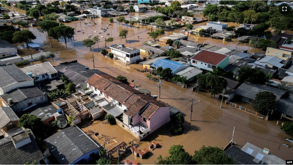 FILE - Aerial view of floods in Eldorado do Sul, Rio Grande do Sul state, Brazil, taken on May 9, 2024. (Photo by Nelson Almeida/AFP)