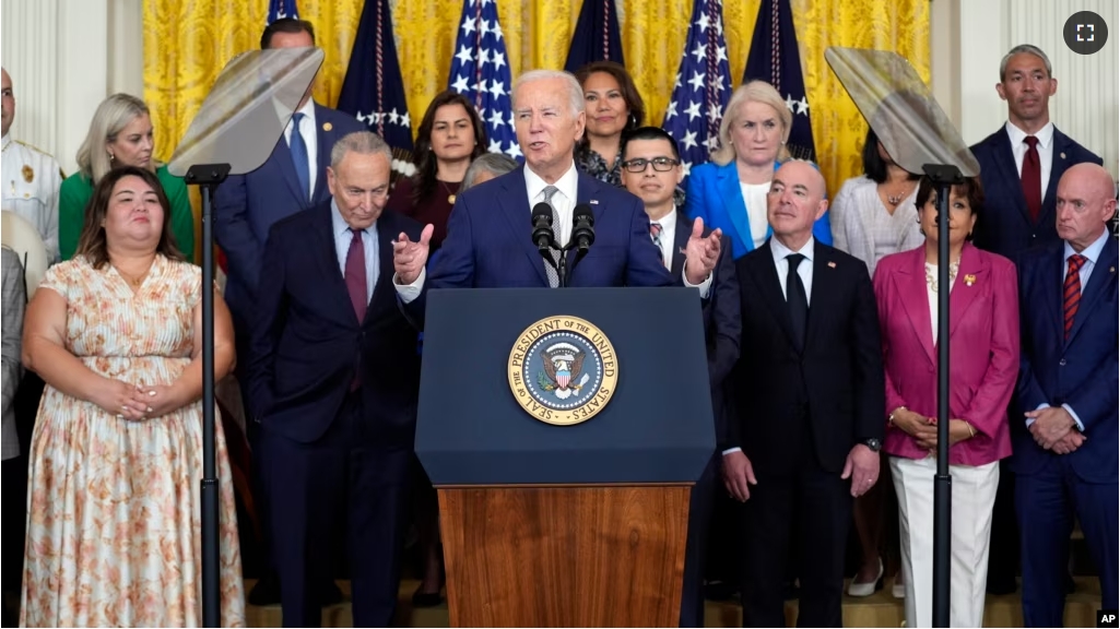 President Joe Biden speaks during an event marking the 12th anniversary of the Deferred Action of Childhood Arrivals program, in the East Room of the White House, Tuesday, June 18, 2024, in Washington. (AP Photo/Evan Vucci)