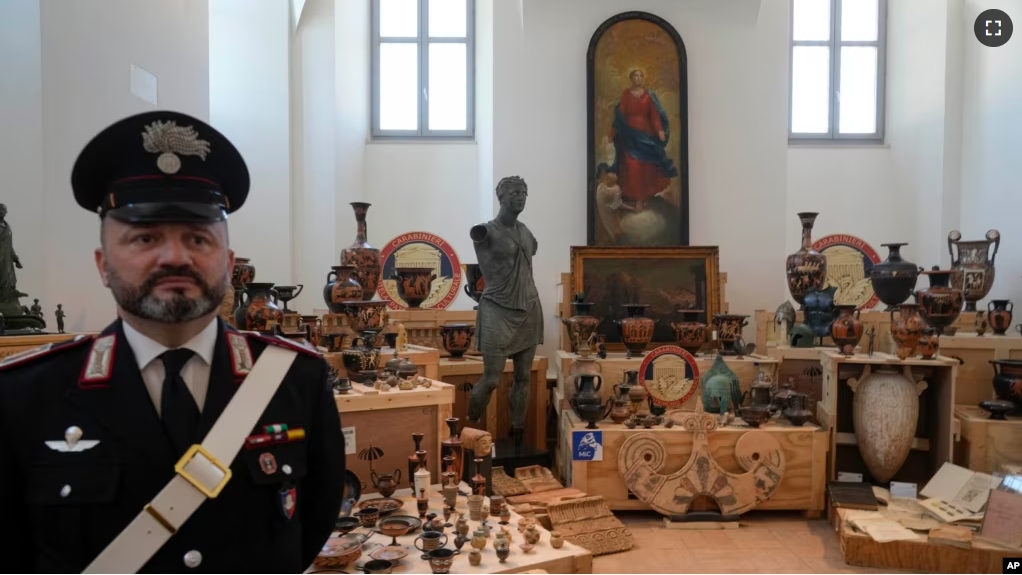 Stolen works of art that were given back by the United States of America to the Italian Carabinieri Command for the Protection of Cultural Heritage are seen during a press event in Rome, May 28, 2024. (AP Photo/Gregorio Borgia)