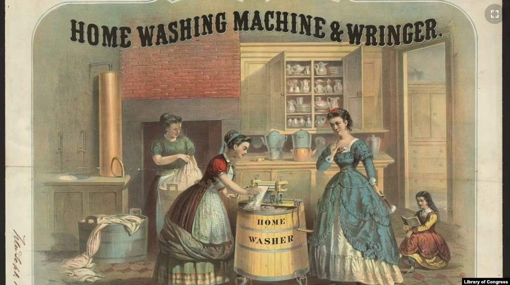 FILE - The print shows an interior view of a kitchen with a woman using a washing machine with a clothes wringer from the Library of Congress Prints and Photographs Division Washington, D.C. (Courtesy of Library of Congress)