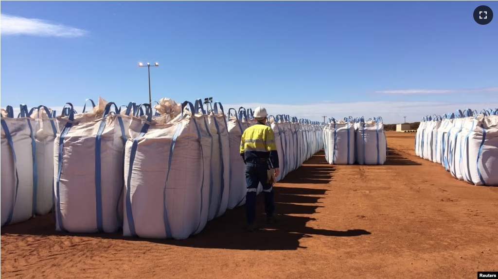 FILE - A Lynas Corp worker walks past sacks of rare earth concentrate waiting to be shipped to Malaysia, at Mount Weld, northeast of Perth, Australia August 23, 2019. (REUTERS/Melanie Burton/File Photo)