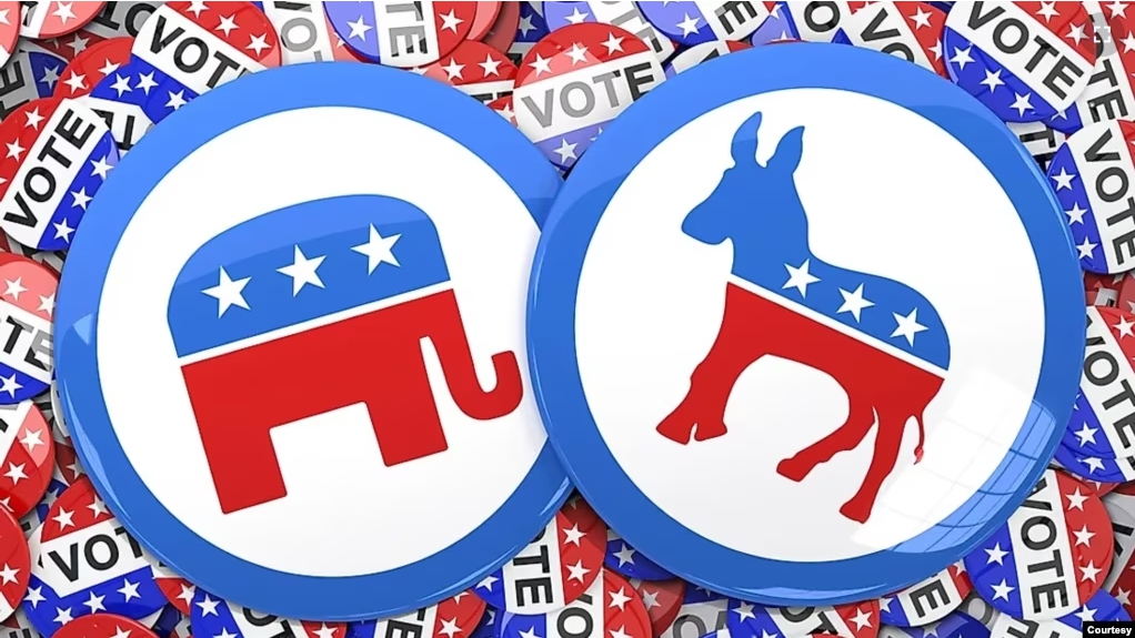 Images representing the Republican Party and the Democratic Party in the United States.