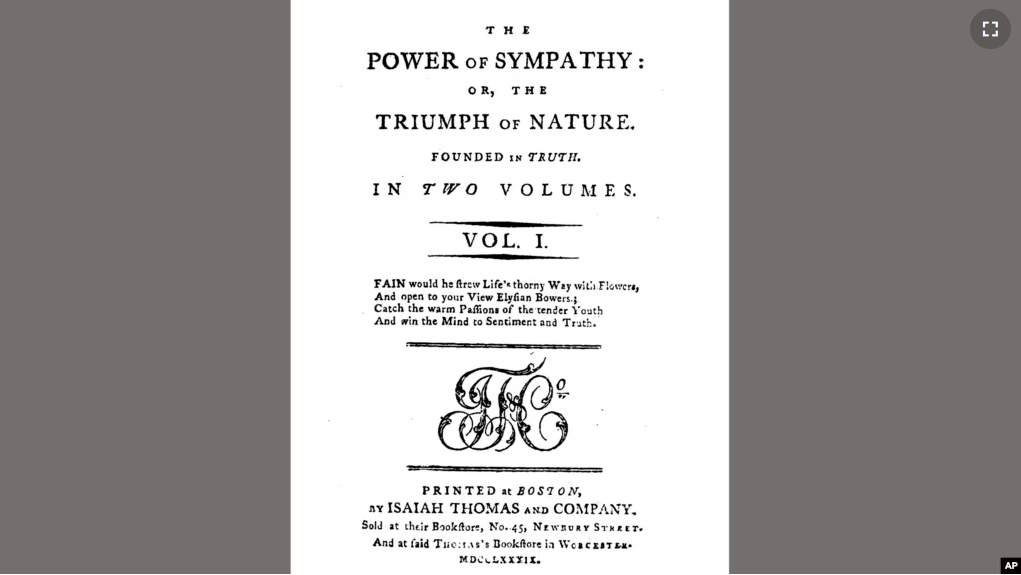 This image released by Penguin Classics shows the title page of the first edition of the 1789 book "The Power of Sympathy" by William Hill Brown. (Penguin Classics via AP)