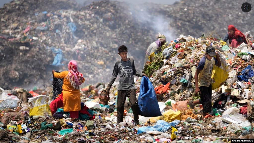 Waste picker Rajdin, 17, looks for recyclable material during a heat wave at a garbage dump on outskirts of Jammu, India, Wednesday, June 19, 2024. (AP Photo/Channi Anand)