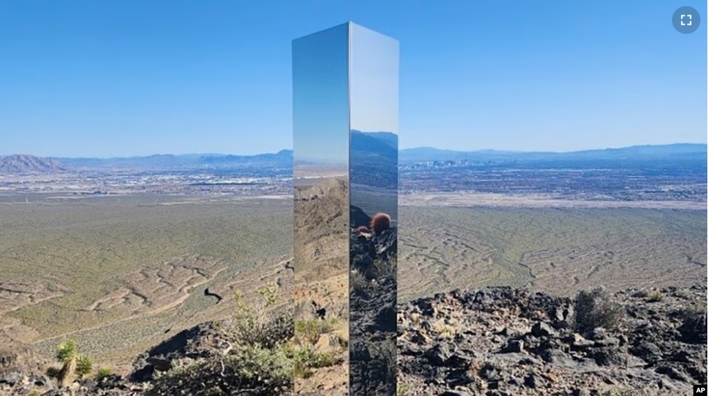 This photo provided by Las Vegas Metropolitan Police Department shows a monolith near Gass Peak, Nev., on Sunday, June 16, 2024. (Las Vegas Metropolitan Police Department via AP)