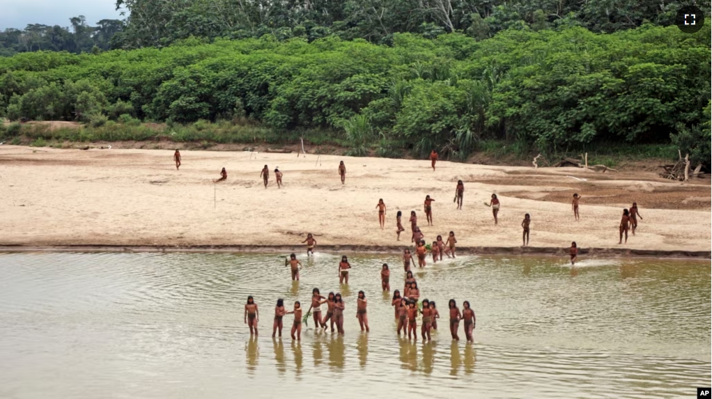 This June 2024 photo provided by Survival International shows members of the Mashco Piro along the Las Piedras River in the Peruvian Amazon near the community of Monte Salvado, in Madre de Dios province, Peru. (Survival International via AP)