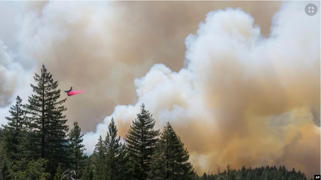 A plane drops fire retardant on the Park Fire near Forest Ranch, Calif., Sunday, July 28, 2024. (AP Photo/Nic Coury)