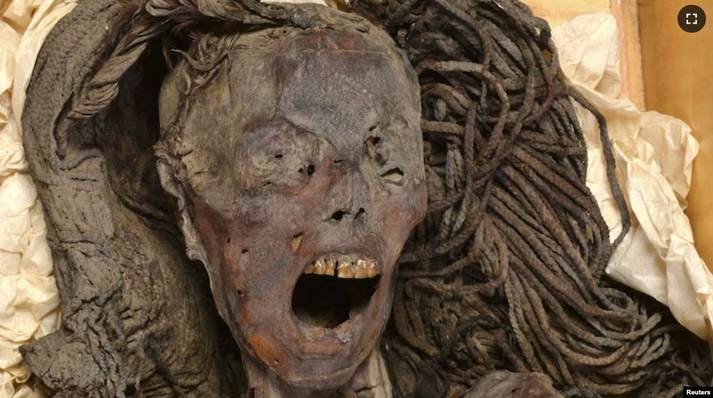 The face of the "Screaming Woman" mummy is seen at the Egyptian Museum in Cairo, Egypt, January 18, 2023 in this handout photograph released on August 2, 2024. (Sahar Saleem/Handout via REUTERS)