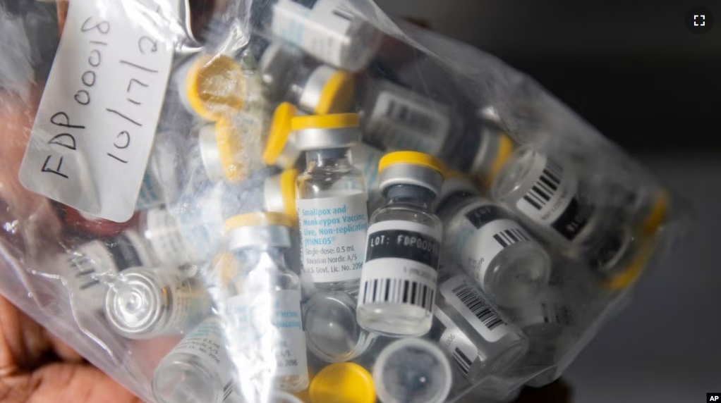 FILE - Vials of single doses of the Jynneos vaccine for monkeypox are seen from a cooler at a vaccinations site on Aug. 29, 2022, in the Brooklyn borough of New York. (AP Photo/Jeenah Moon, File)