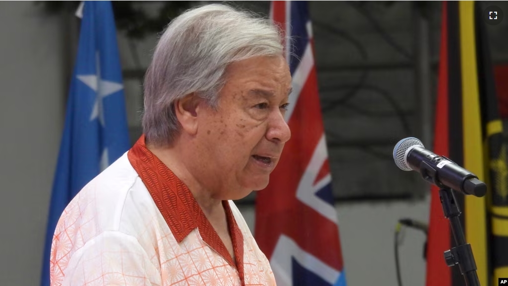 United Nations Secretary-General Antonio Guterres speaks at the opening of the annual Pacific Islands Forum leaders meeting in Nuku'alofa, Tonga, Monday, Aug. 26, 2024. (AP Photo/Charlotte Graham-McLay)