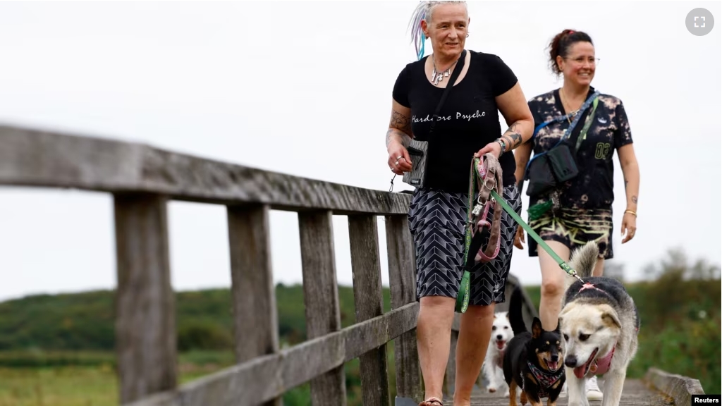 Deezi, a dog from a shelter in Istanbul, Turkey, walks with its new owners Caroline and Meike in Haarlem, Netherlands September 3, 2024. (REUTERS/Piroschka van de Wouw)