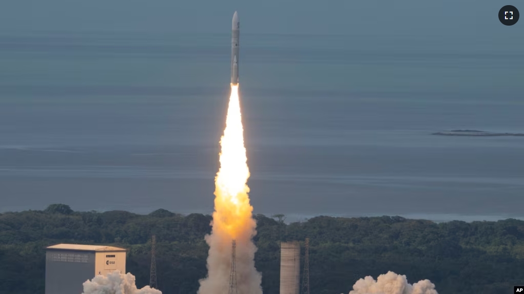 FILE - In this image provided by the European Space Agency, Europe’s new rocket Ariane 6 launches from Kourou, French Guiana, Tuesday, July 9, 2024. (Stephane Corvaja/European Space Agency via AP)