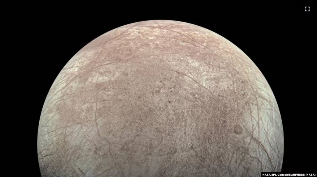 This view of Jupiter’s icy moon Europa was captured by the JunoCam imager aboard NASA’s Juno spacecraft.