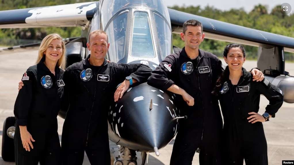 Anna Menon, Scott Poteet, Jared Isaacman and Sarah Gillis, crew members of Polaris Dawn, a private human spaceflight mission, attend a press conference at the Kennedy Space Center in Cape Canaveral, Florida, U.S. August 19, 2024. (REUTERS/Joe Skipper)