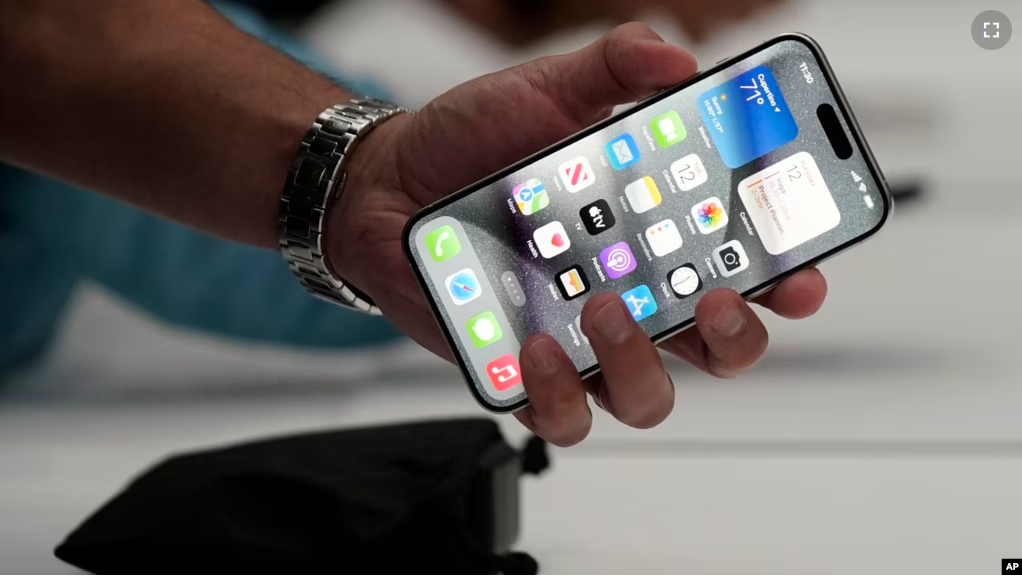 In this file photo, the iPhone 15 Pro is shown after its introduction on the Apple campus, Sept. 12, 2023, in Cupertino, Calif. (AP Photo/Jeff Chiu, File)