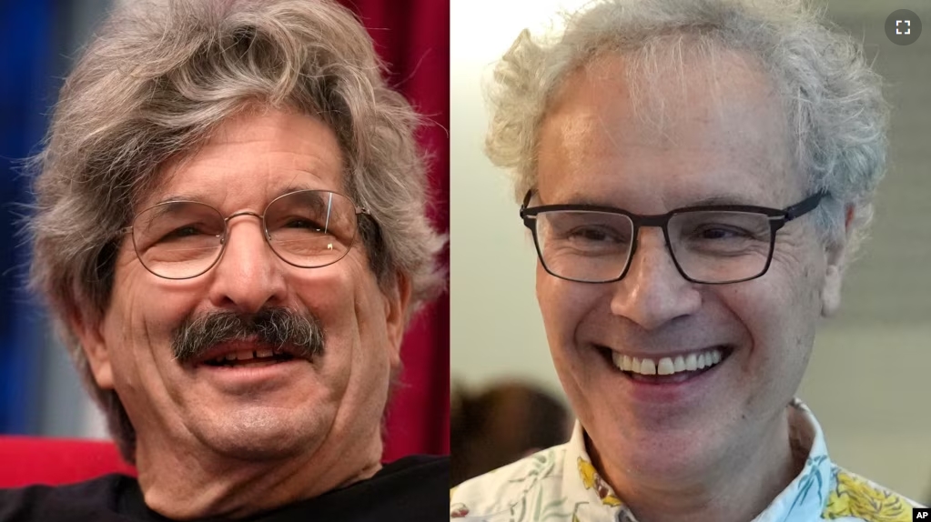 This photo combo shows 2024 Nobel Prize winners in physiology or medicine Gary Ruvkun, American molecular biologist, left, and Victor Ambros,, Oct. 7, 2024, in Newton, Mass. (AP Photo/Steven Senne)