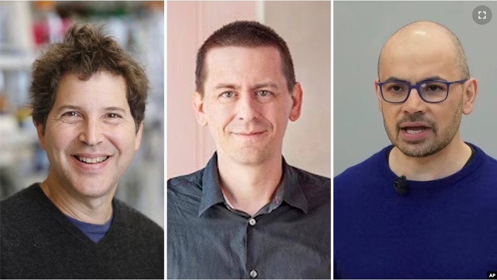 This combo of pictures show American biochemist David Baker, from left, American researcher John Jumper and Demis Hassabis, CEO of DeepMind Technologies, the AI division behind Gemini. (UW Medicine/Google DeepMind via AP/AP Photo/Jeff Chiu)