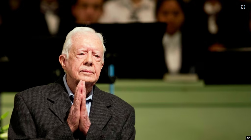 FILE - Former President Jimmy Carter teaches Sunday School class at Maranatha Baptist Church in his hometown, Aug. 23, 2015, in Plains, Ga. (AP Photo/David Goldman, File)