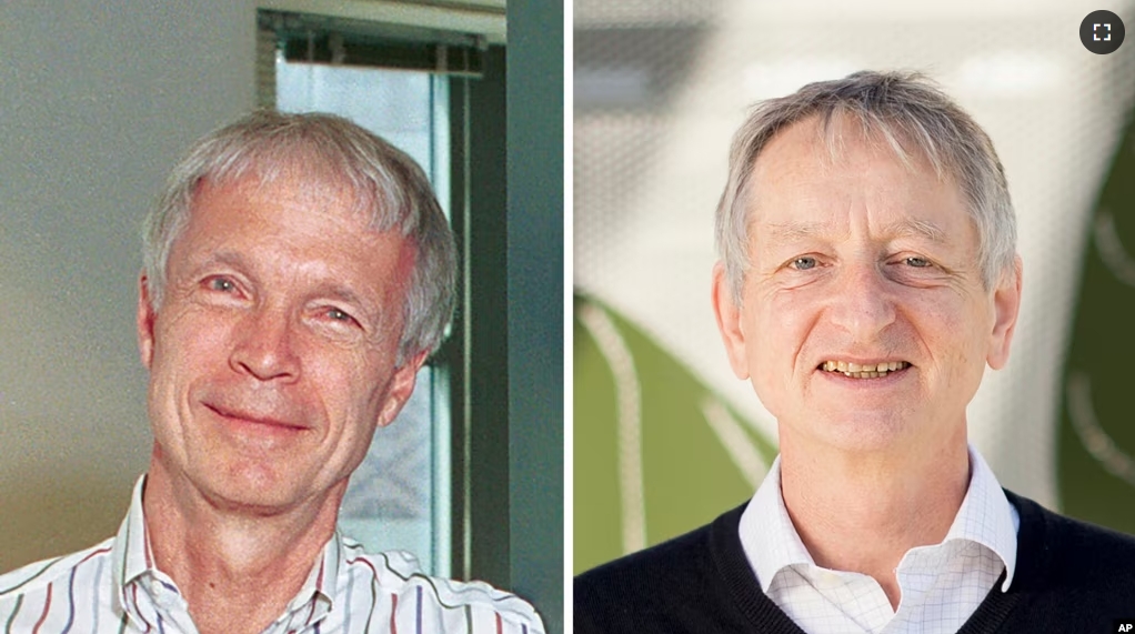 The 2024 Nobel Prize winners in Physics, professor John Hopfield, left, of Princeton University, and professor Geoffrey Hinton, of the University of Toronto, Tuesday, Oct. 8, 2024. (Princeton University via AP and Noah Berger/AP Photo)