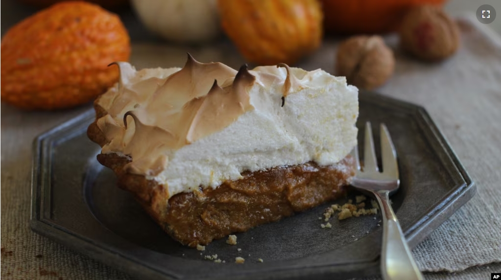 FILE - This photo shows citrus pumpkin meringue pie in Concord, New Hampshire, October 12, 2015. (AP Photo/Matthew Mead)