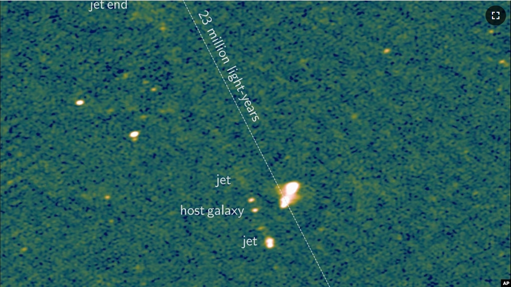 This undated image provided by Caltech, taken by Europe's LOFAR (LOw Frequency ARray) radio telescope, shows the longest known pair of black hole jets, as reported in the journal Nature. (LOFAR Collaboration/Martijn Oei/Caltech via AP)