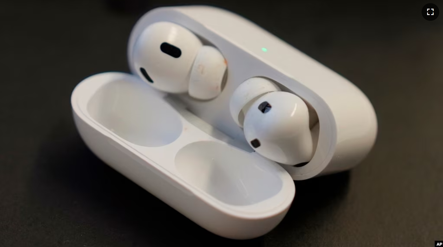 A pair of Apple AirPods Pro 2 are displayed on a table at Brooklyn College's audiology clinic in New York on Oct. 22, 2024. (AP Photo/Mary Conlon)