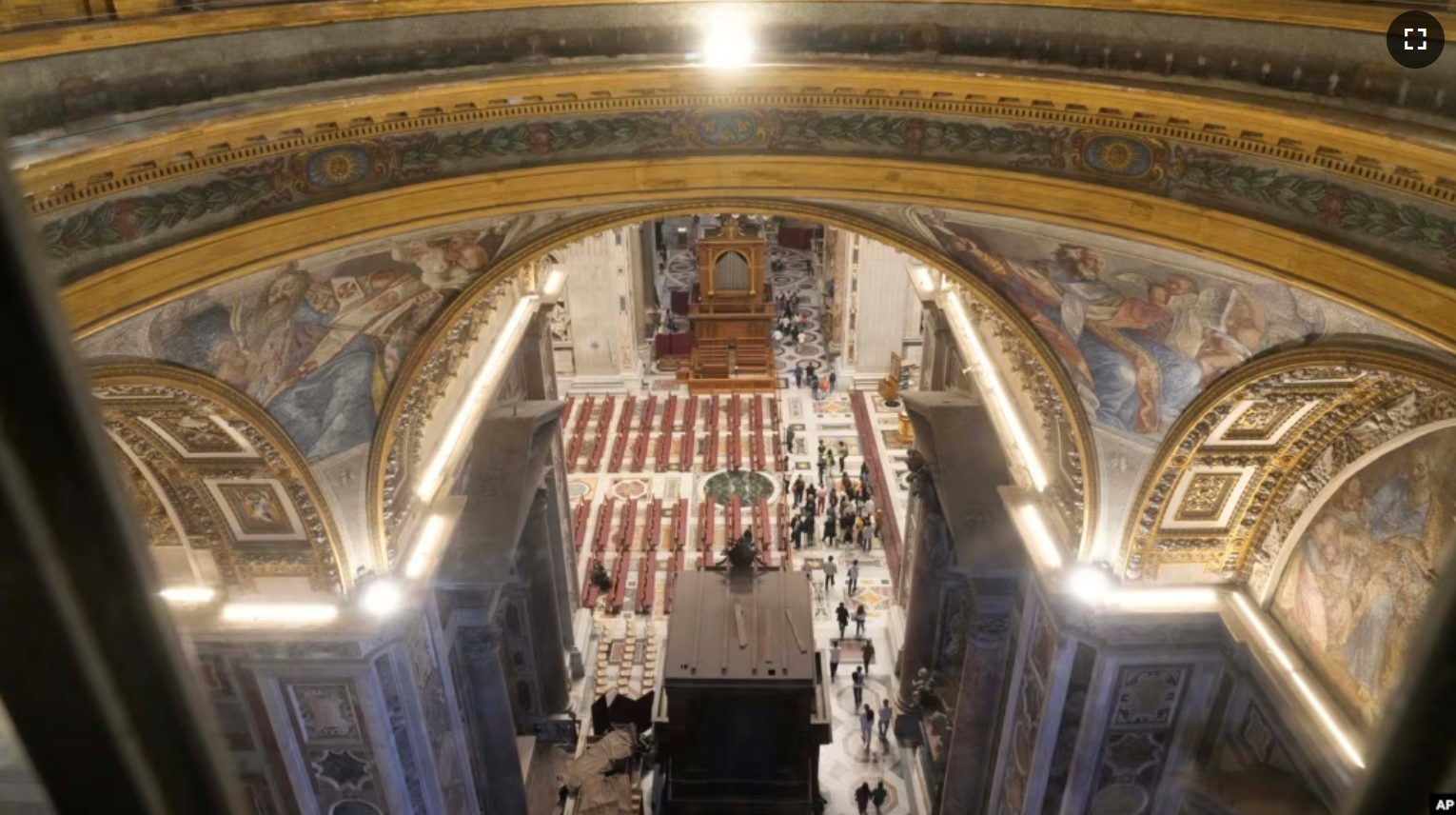 A view of St. Peter's basilica during the preview to the press of the exhibition 'Petros eni', which is part of the project "St. Peter's Basilica: AI-Enhanced Experience" at the Vatican, Saturday, Nov. 9, 2024. (AP Photo/Gregorio Borgia)