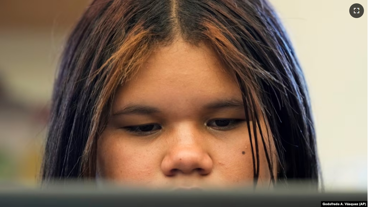 Alisson Ramírez uses a laptop to work on an assignment during science class Wednesday, Aug. 28, 2024, in Aurora, Colorado. (AP Photo/Godofredo A. Vásquez)