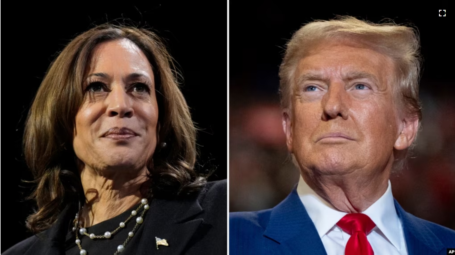 File photos show Democratic presidential nominee Vice President Kamala Harris (L) at a campaign rally Erie, Pa., on Oct. 14, 2024, and Republican presidential nominee former President Donald Trump at a campaign rally in Uniondale, N.Y., on Sept.18, 2024. (AP File Photos)