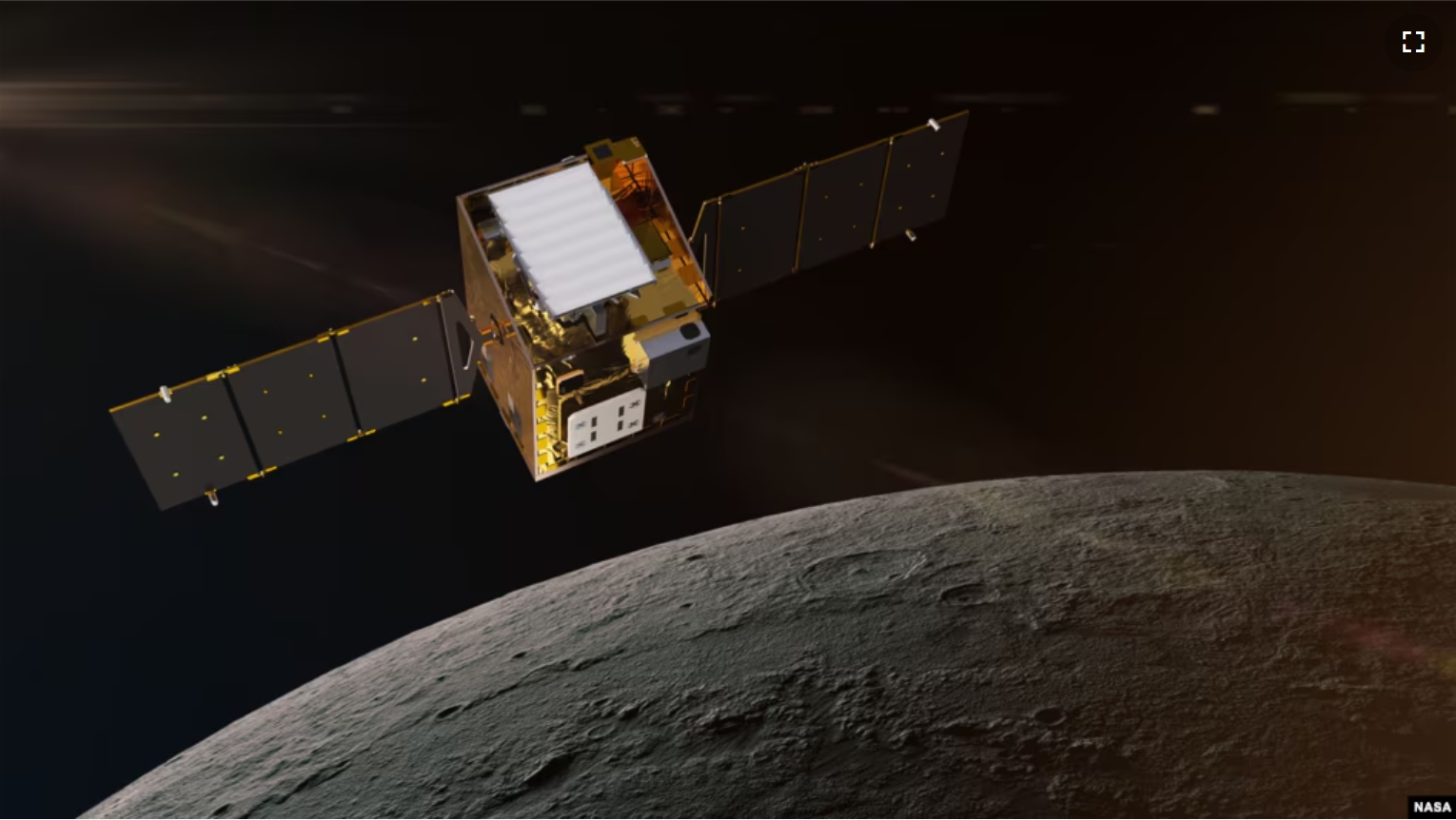 This artist’s concept shows NASA’s Lunar Trailblazer in lunar orbit about 100 kilometers from the surface of the Moon. The 200 kilogram spacecraft measures about 3.5 meters wide with its solar equipment open. (Image Credit: Lockheed Martin Space/NASA)