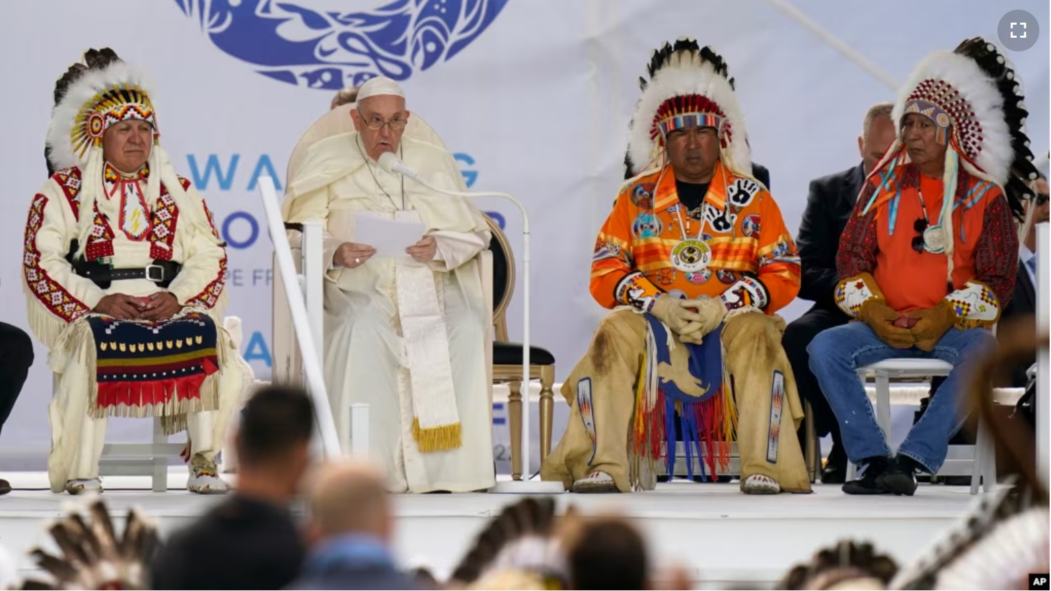 FILE - Pope Francis apologizes to Indigenous peoples for abuses committed by missionaries during a visit at Maskwaci, the former Ermineskin Residential School, Monday, July 25, 2022, in Maskwacis, Alberta. In other words, he offered a mea culpa. (AP Photo/Eric Gay/File photo)