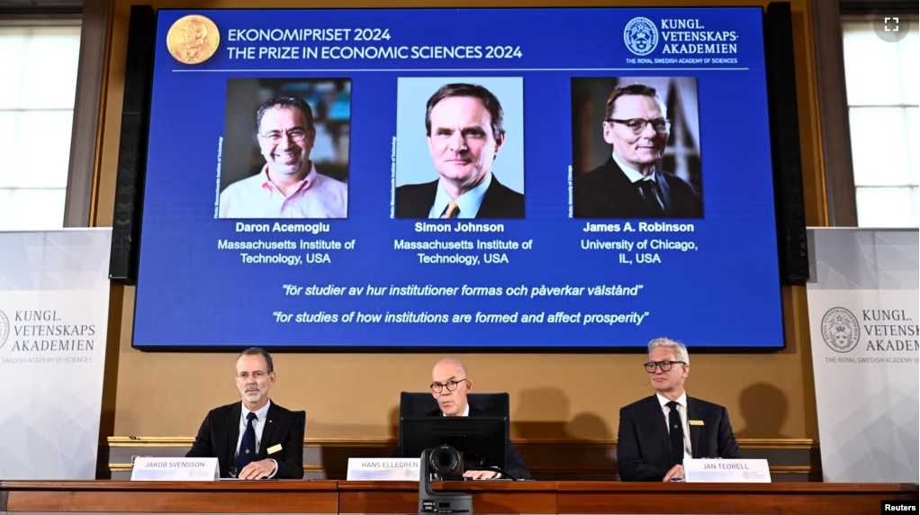 Royal Swedish Academy of Sciences announces the Nobel Prize in economics, which goes to Daron Acemoglu, Simon Johnson and James A Robinson, in Stockholm, Sweden, October 14, 2024. (TT News Agency/Christine Olsson via REUTERS )