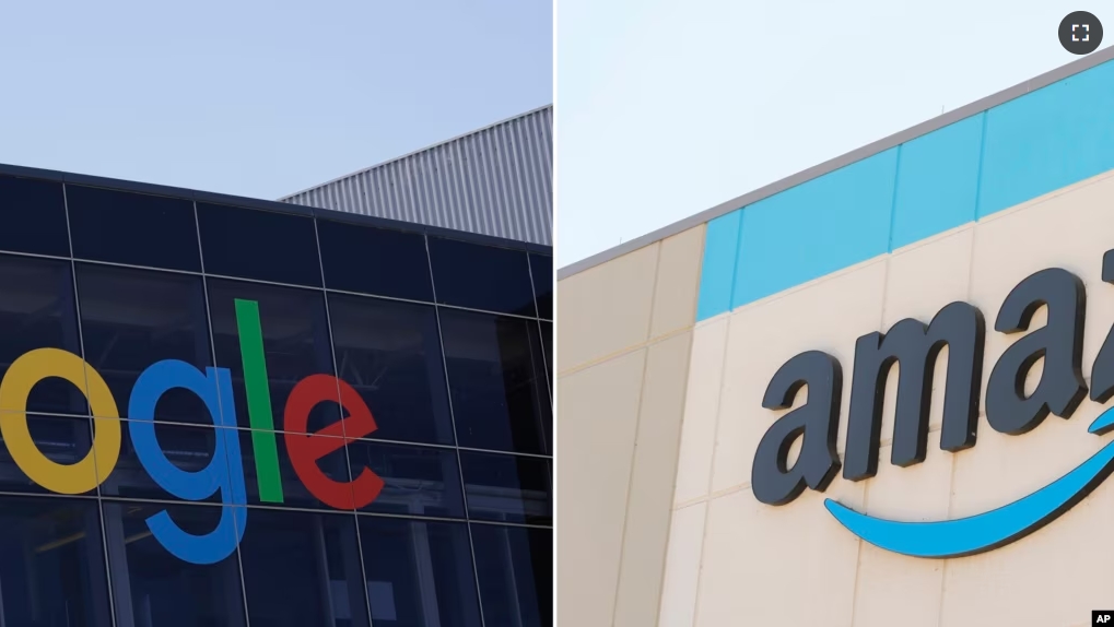 The Google logo, left, is displayed at the company's headquarters in Mountain View, Calif., on July 19, 2016, and the Amazon logo is displayed on the exterior wall of the Amazon OXR1 fulfillment center in Oxnard, Calif., on Aug. 21, 2024. (AP Photo)