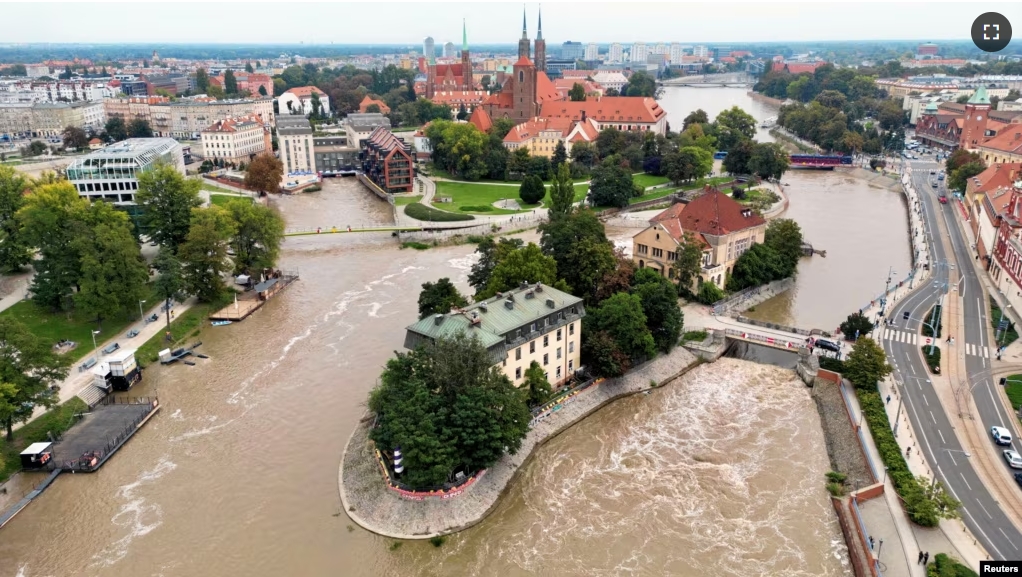 In this file photo, a drone captures views of the Oder river during flooding in Wroclaw, Poland September 19, 2024. (Reuters)