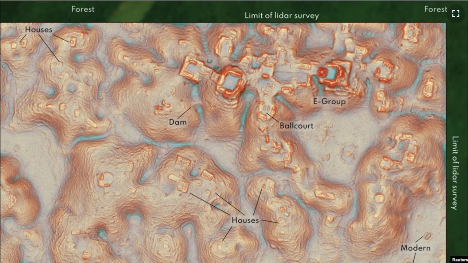 A Lidar image shows what archeologists say is a newly discovered Mayan city in the jungle of Campeche, Mexico. Handout released October 29, 2024. (Cambridge University Press on behalf of Antiquity Publications Ltd/Handout via REUTERS)