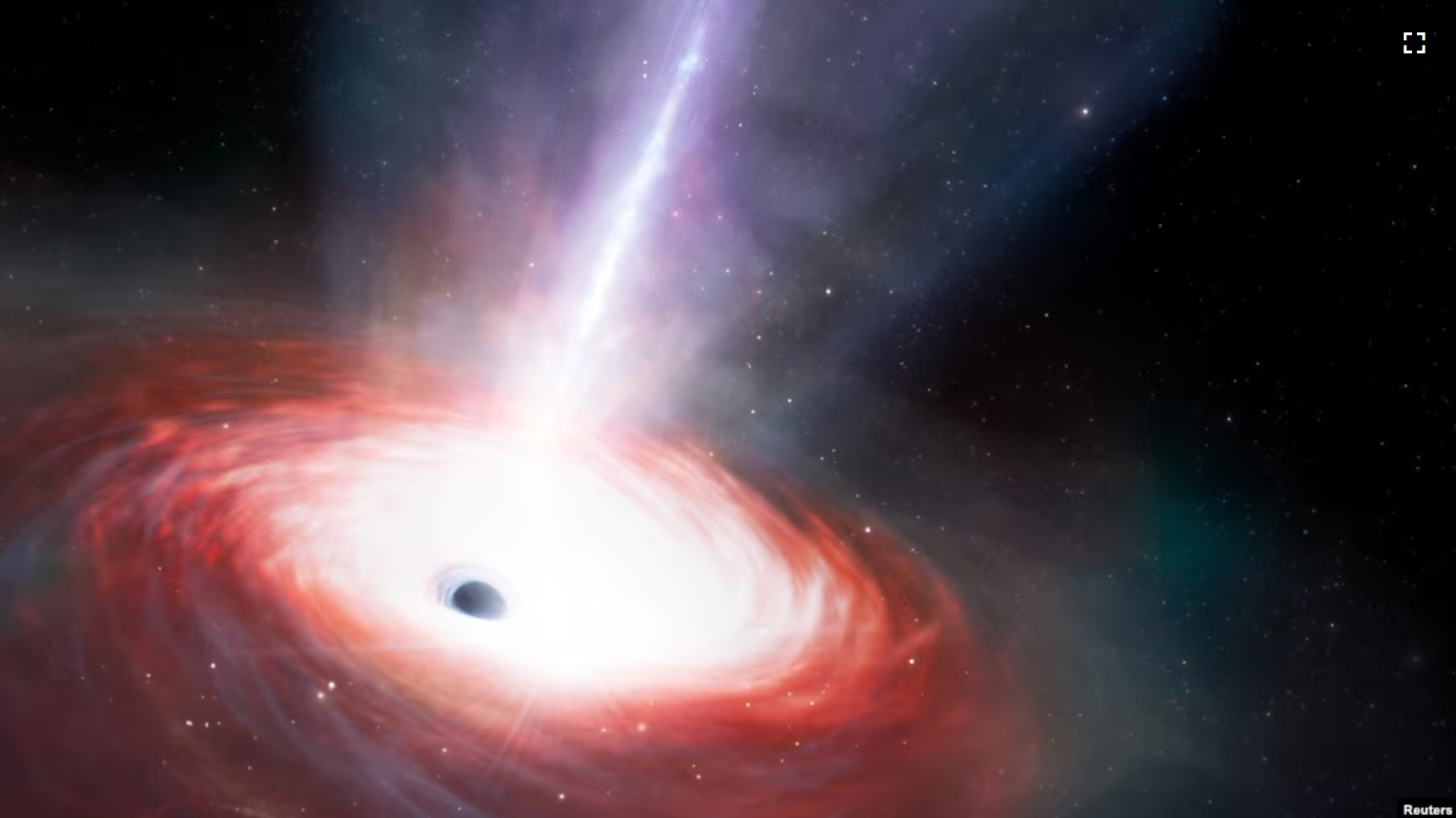 An artist's illustration shows a rapidly feeding black hole that is emitting powerful gas outflows. (NOIRLab/NSF/AURA/J. da Silva/M. Zamani/Handout via REUTERS)