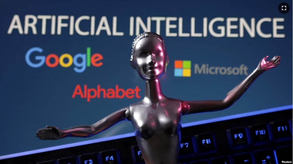 FILE - Google, Microsoft and Alphabet logos and AI Artificial Intelligence words are seen in this illustration from May 4, 2023. (REUTERS/Dado Ruvic/Illustration)