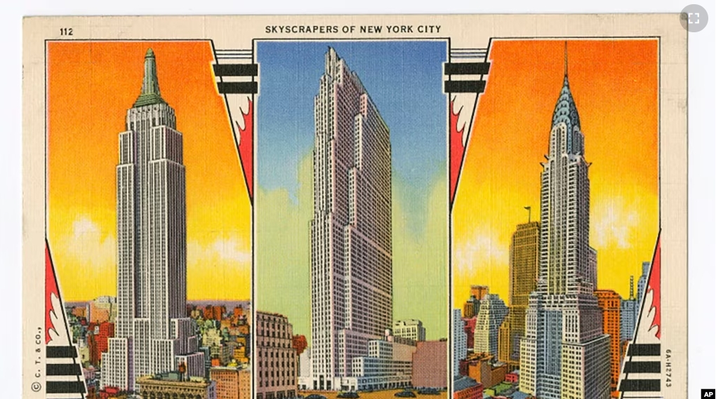 This image provided by the Museum of the City of New York shows a postcard featuring the Empire State Building, from left, the RCA Building, and the Chrysler Building. (Museum of the City of New York via AP)