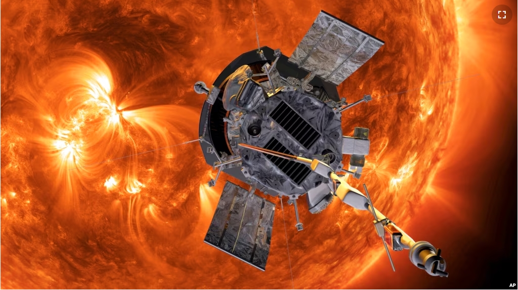 This image made available by NASA shows an artist's rendering of the Parker Solar Probe approaching the Sun. (Steve Gribben/Johns Hopkins APL/NASA via AP)