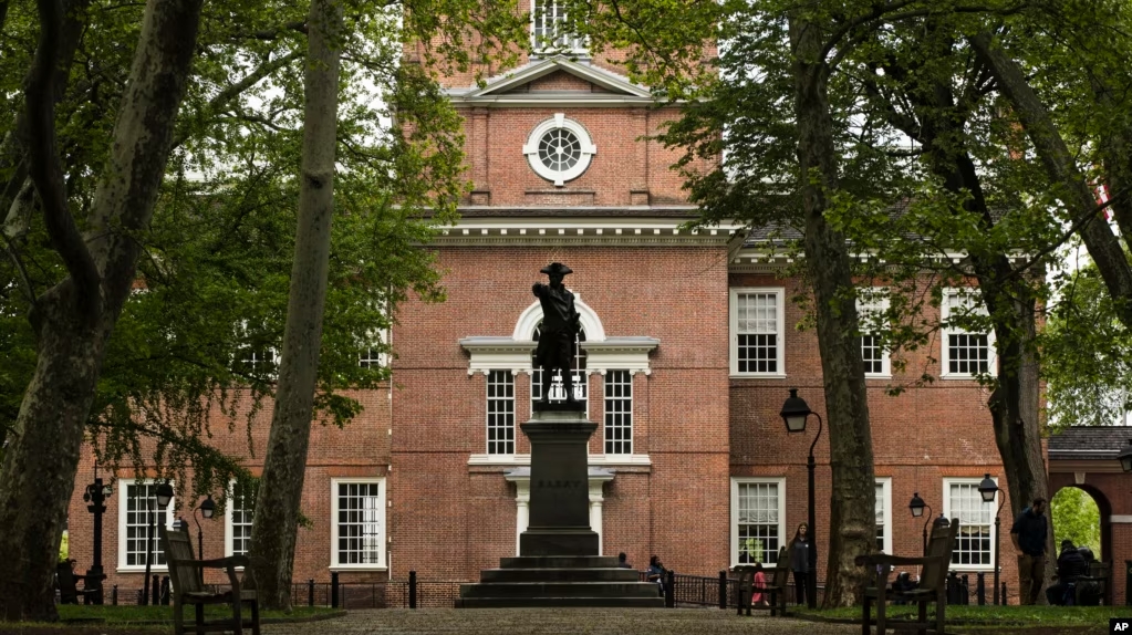 FILE - The exterior of Independence Hall appears in Philadelphia, April 26, 2019. (AP Photo/Matt Rourke)